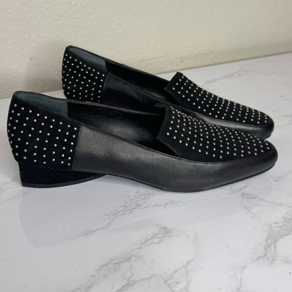 Donald J. Pliner ILINE‎ Black Leather Suede Flats Loafers Studded Block Heel 7M